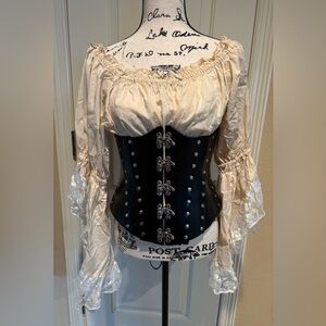 Genuine Black Underbust Corset with swing hook closure and off the shoulder top